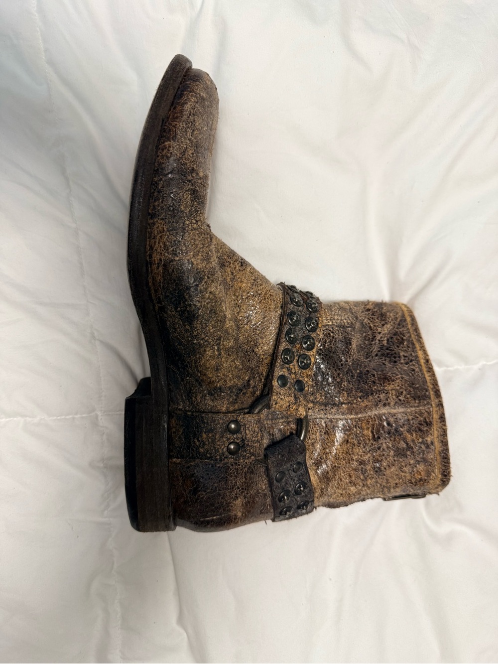 Frye Philip Moto Studded Distressed Brown Leather Ankle Boots - Picture 10 of 16